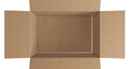 Overhead of empty brown cardboard box with lid opening on white background