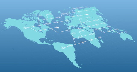 Blue world map with growing white network of connected icons on black background