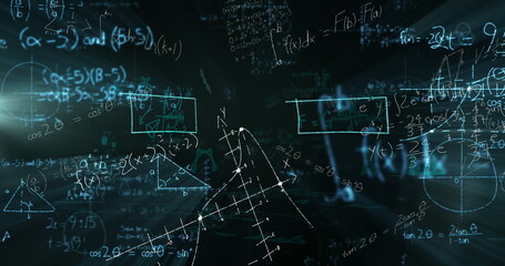Mathematical equations floating against black background