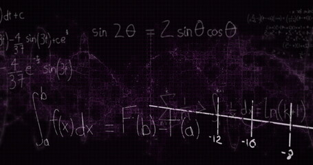Fototapeta premium Image of mathematical formula moving on black background
