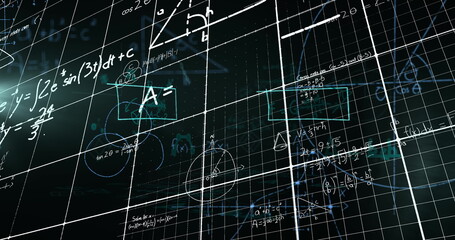 Mathematical equations and diagrams against black background