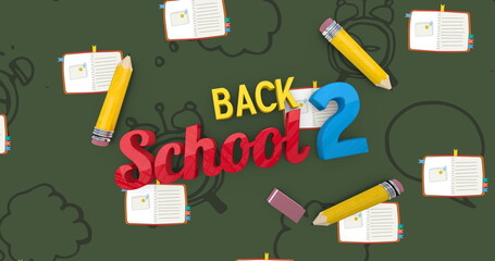 Image of back 2 school text over school items icons on green background