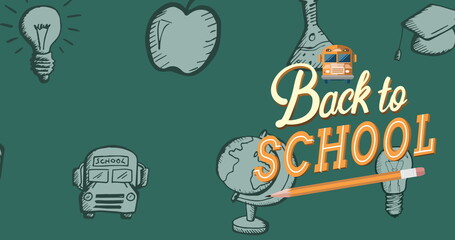 Image of back to school text over school items icons on green background