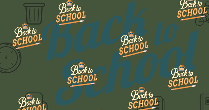 Image of back 2 school text over school items icons on green background