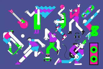 Youth characters on purple banner vector