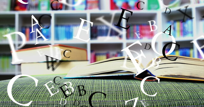 Image of letters over books in library