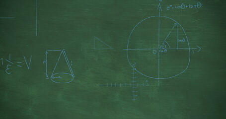 Mathmatical equations written in chalk rising from green chalkboard background 4k