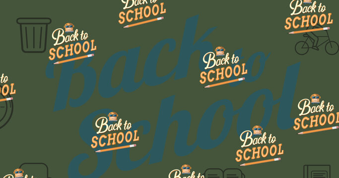 Image of repeated text back to school and pencil moving over green with back to school in blue