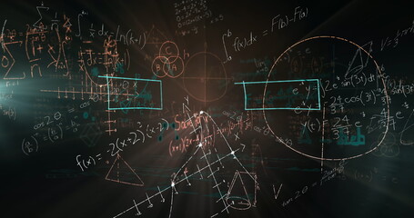 Mathematical equations floating against black background