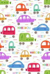 Cute childish pattern with hand drawn flat cars with tribal pattern and lettering on white background. Vector texture with wallpaper with multicolored machines. Cartoon vehicles with words