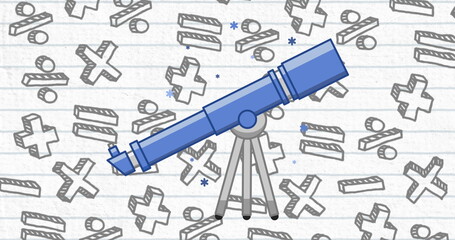 Telescope icon against mathematical symbols on white lined paper