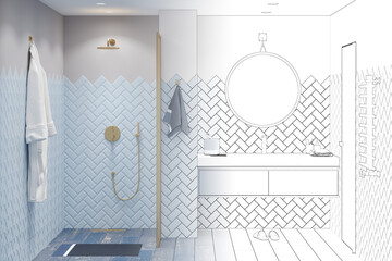 A sketch becomes a real modern bathroom in blue tones with gold fittings, a bathrobe next to the shower, a round mirror over a large sink with a cabinet, a heated towel rail next to a door. 3d render
