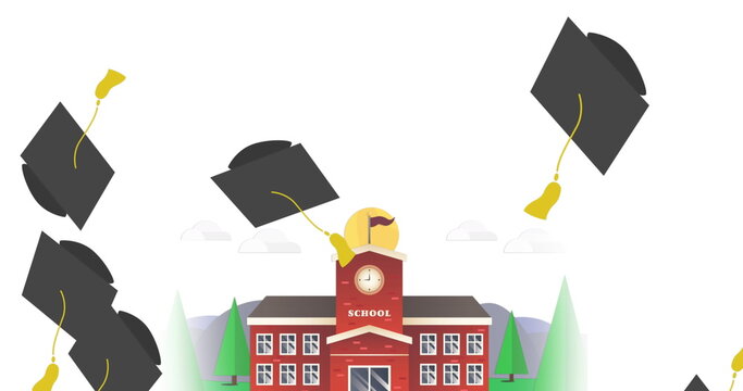 Multiple graduation hats falling over school building icon against white background