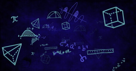 Mathematical equations and diagrams against blue background