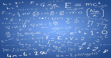 School girl, backpack and paper icons against mathematical equations on blue background