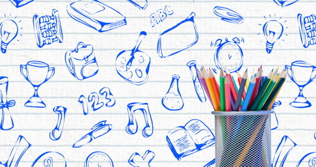 Pencil stand against school concept icons on white lined paper