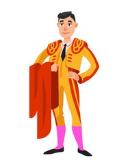 Bullfighter standing with red cloth. Male person in cartoon style.
