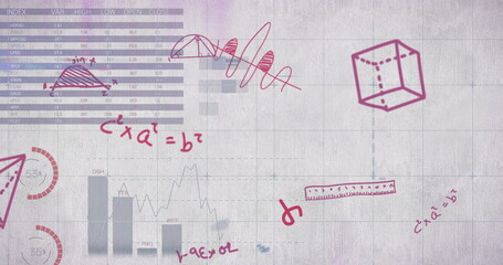 Mathematical equations and diagrams against statistical data processing