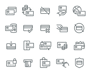 Credit Card Icons Set. Such as Card Payment, Money Transfer, Terminal, Wallet, Cash Withdrawal and Top-up and others. Editable vector stroke.
