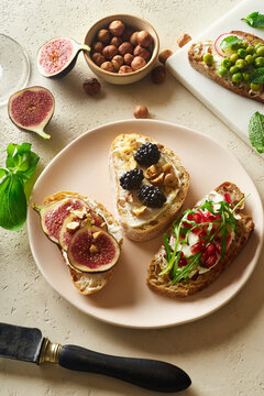 Various bruschettas with toppings