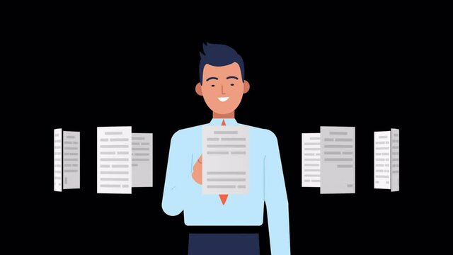 businessman looking through sliding around documents and papers. loopable 2d animation. accounting and auditing service for business, online documentation database concept. select contract or offer