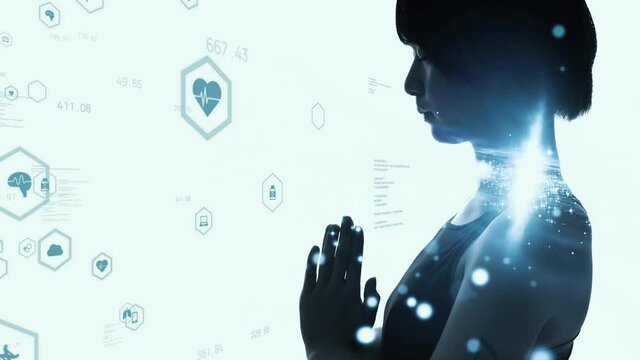 マインドフルネス　瞑想する女性とテクノロジー