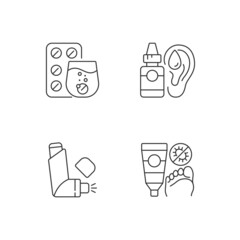 Improving disease symptoms linear icons set. Effervescent tablets. Antifungal cream. Ear drops. Customizable thin line contour symbols. Isolated vector outline illustrations. Editable stroke