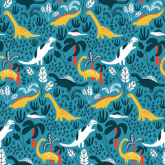 Naklejka premium Dinosaur pattern for kids fabric or nursery wallpaper. Blue detailed background with jungle, palms and tropical leaves. White and green dinos on repeated vector tile.