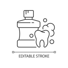 Mouthwash for teeth health linear icon. Oral rinse. Prevent teeth decay. Strengthen enamel. Thin line customizable illustration. Contour symbol. Vector isolated outline drawing. Editable stroke