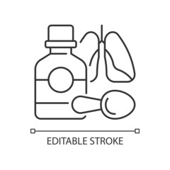 Cough syrup linear icon. Cold medicine. Soothing irritated throat. Coughing suppressant. Thin line customizable illustration. Contour symbol. Vector isolated outline drawing. Editable stroke