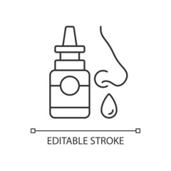 Nasal spray linear icon. Relieve nasal discomfort. Cold relief. Treat sinus congestion. Thin line customizable illustration. Contour symbol. Vector isolated outline drawing. Editable stroke - obrazy, fototapety, plakaty