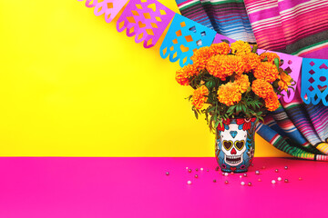 Day of the dead, Dia De Los Muertos Celebration Background With marigolds or cempasuchil flowers in...