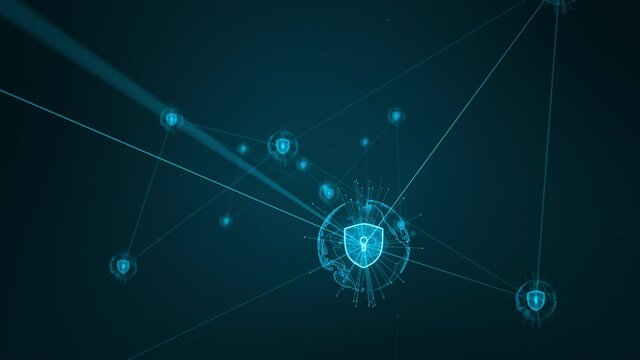 Motion graphic of Blue security shield icon and futuritic earth sphere network connection abstract background concept camera zoom out seamless loop video