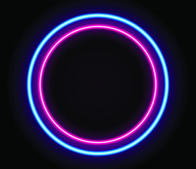 Bright neon ring light. Pink neon circle vector illustration on dark wall. Glowing circle.