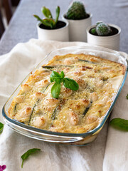 basil, cooked, food, gourmet, healthy, parmigiana, seitan, vegan cheese, vegan diet, vegan food, white plate, zucchini