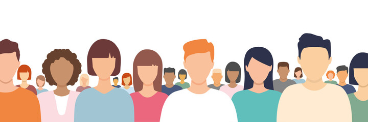 Obraz premium Multicultural businessman and businesswoman crowd. Diverse people group. Flat multinational people characters standing together. Human diversity portrait banner concept. Vector illustration isolated
