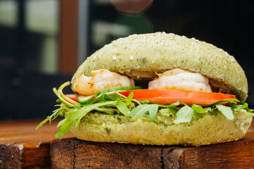 juicy burger with filling, cheese, shrims
