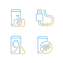 Repair related gradient linear vector icons set. Common phone breakages. Lost internet connection. Camera damage. Thin line contour symbols bundle. Isolated vector outline illustrations collection