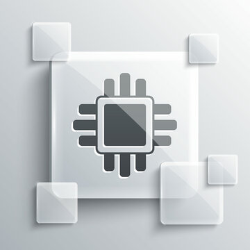 Grey Computer Processor With Microcircuits CPU Icon Isolated On Grey Background. Chip Or Cpu With Circuit Board. Micro Processor. Square Glass Panels. Vector