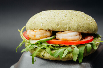 juicy burger with filling, cheese, shrims