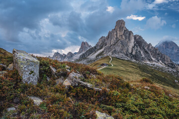 Giau Pass high alpine pass, popular travel destination in Dolomites, Italy