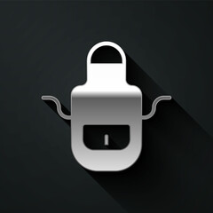 Silver Barber apron icon isolated on black background. Apron of a hairdresser with pockets. Long shadow style. Vector