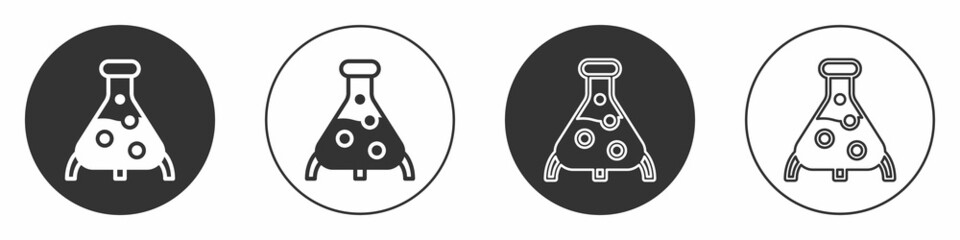 Black Test tube and flask chemical laboratory test icon isolated on white background. Laboratory glassware sign. Circle button. Vector