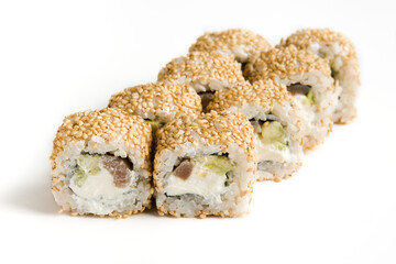 rolls with fish and filling on a white background