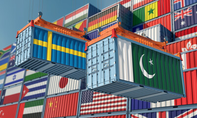 Freight containers with Sweden and Pakistan flag. 3D Rendering 