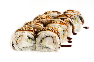 rolls with fish and filling on a white background
