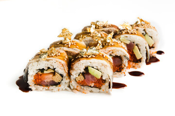 rolls with fish and filling on a white background