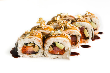 rolls with fish and filling on a white background