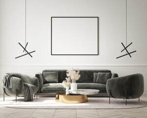 mock up poster frame in modern interior background, living room, minimalistic style, 3D render, 3D illustration