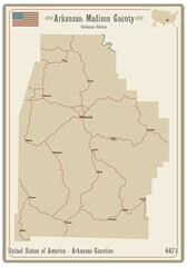 Map on an old playing card of Madison county in Arkansas, USA.